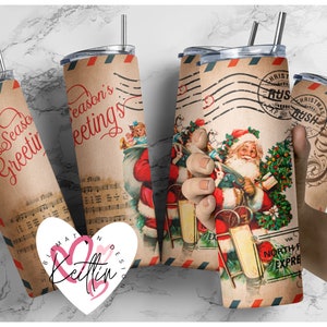 Vintage Kerstman Postkaart 20 oz magere tuimelaar, Vitage vakantie | Oud kerstontwerp | Sublimatie tuimelaar | Downloaden
