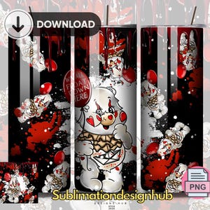 May include: A white tumbler featuring a scary clown bear design, red blood splatter, and the text "We all float down here." The design includes a clown with a red nose, heart-shaped cheeks, and a ruffled collar. The background has black and white stripes.