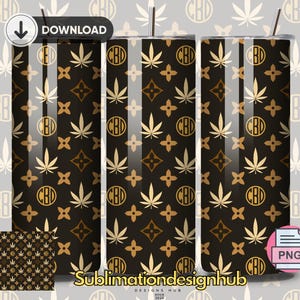 May include: A sublimation design featuring a black and gold pattern with a repeating design of a cannabis leaf, a four-leaf clover, and a circle with the letters "CBD".