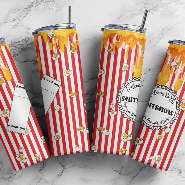 Bienvenue dans le shitshow Popcorn, rayures rouges et blanches | Gobelet fin 20 oz PNG | Motifs de sublimation | Emballage complet, téléchargements numériques