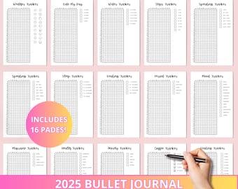 May include: Printable bullet journal pages for tracking various activities, including weather, mood, sleep, water intake, steps, spending, reading, period, migraine, health, anxiety, and coffee. The pages are black and white with a grid pattern and include the text "2025 Bullet Journal" and "Includes 16 Pages!"