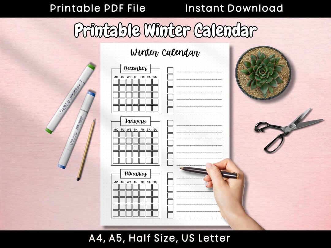Winter Calendars PRINTABLE Journal Page Monthly Planner Calendar ...