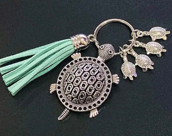 Silver Turtle / Tortoise with 4 babies Charms Keychain Metal Key Ring. Christmas Gift.