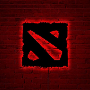 Arte murale in legno Dota 2 con luce LED RGB, decorazione per la stanza Dota 2, insegna al neon Dota, insegna in legno con logo Dota 2, insegna Dota 2, decorazione per la stanza dei giocatori, insegna per giocatori