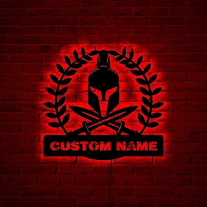 Custom Spartan Warrior Helmet wood wall art with rgb led light, Custom Spartan Helmet name sign, Personalized Spartan Helmet neon sign