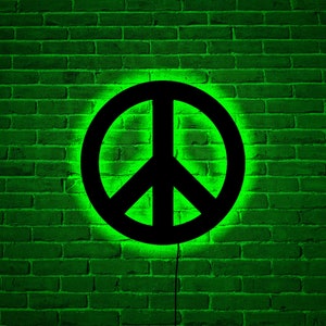 RGB LED Peace Sign: Birch Wood Wall Art
