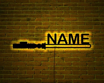 Starwars Lichtschwert Namensschild Holzwandkunst mit rgb LED-Licht, Lichtschwert Raumdekor, Starwars Lichtschwert Neonschild, Lichtschwert Wandkunst
