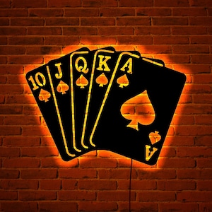 Art mural en bois de carte Royal Flush avec lumière LED RVB, décoration intérieure de la carte Royal Flush, enseigne au néon de la carte Royal Flush, décoration murale de la carte Poker