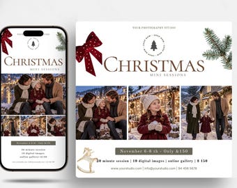 May include: A digital marketing template for Christmas mini sessions featuring a smartphone and a square flyer. Both display a dark red bow, pine branches, and photos of a family in a snowy setting. Text includes "Christmas Mini Sessions," dates, and session details.
