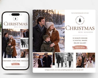 May include: A digital marketing template for Christmas mini sessions displayed on a smartphone and a square card. The design features a pine tree logo, the text Christmas Mini Sessions, and photo collages of families in snowy outdoor settings.