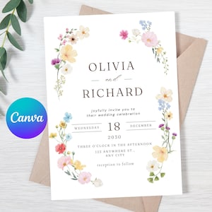 Può includere: Un invito di nozze con i nomi "Olivia e Richard" in un carattere serif, circondato da composizioni floreali ad acquerello. L'invito include la data, l'ora e il luogo. Un logo Canva è visibile.