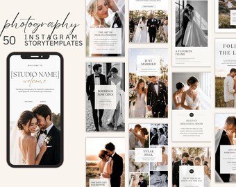 May include: A collection of 50 Instagram story templates for wedding photography, featuring a smartphone displaying a template with the text STUDIO NAME and various layouts showcasing black and white and color wedding photography imagery.