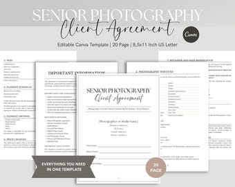 May include: A 20-page senior photography client agreement Canva template on 8.5x11 inch US letter paper. The document features black text on white pages, including sections for fees, payment schedules, services, and legal information for photographers.