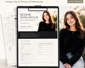 May include: A four-page senior model release template on a black clipboard. The document features the text SENIOR MODEL RELEASE, IMAGE USE & PRIVACY PREFERENCES, and sections for studio, client, and session information with a photo of a person.