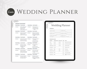 May include: A digital wedding planner template featuring a wedding countdown checklist and a financial plan overview. The document includes sections for task tracking, budget management, and event details, all presented in a clean, black and white layout.