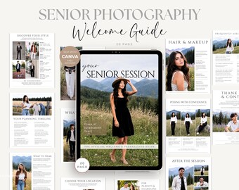 May include: A 20-page senior photography welcome guide template featuring a central tablet display showing a cover with the text Your Senior Session and a person in a black dress, surrounded by various informational pages with photography tips.