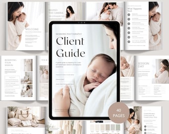 May include: A digital tablet displaying a 40-page newborn photography client guide template. The screen features a cover page with a sleeping infant wrapped in a cream blanket, titled Newborn Photography Client Guide, surrounded by various interior page layouts.