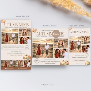 Op de afbeelding: Een digitale marketing-sjabloonset voor herfstfotoshoots, met drie lay-outs voor e-mail, Instagram-post en story. Elk ontwerp bevat de tekst Autumn Minis, voorbeeldfoto's van gezinnen, sessiedetails en afbeeldingen van pompoenen.