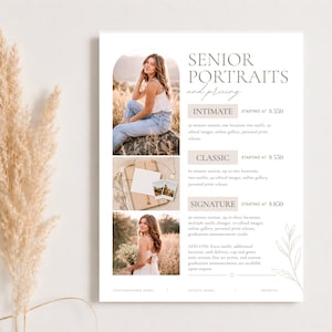 May include: A white photography pricing template titled Senior Portraits and Pricing. It features three photo frames with images of a person in a field, alongside text sections for Intimate, Classic, and Signature packages with pricing details.