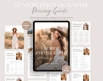 May include: A 10-page senior photography pricing guide template for Canva, sized at 8.5x11 inches. The document features a cover page with a portrait of a person in a hat, alongside interior pages displaying collection comparisons and booking details.