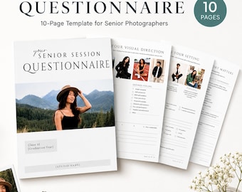 May include: A 10-page senior session questionnaire template for photographers. The document features a cover with the text "Senior Session Questionnaire" and a photo of a person in a hat, followed by interior pages with checklists and text fields.