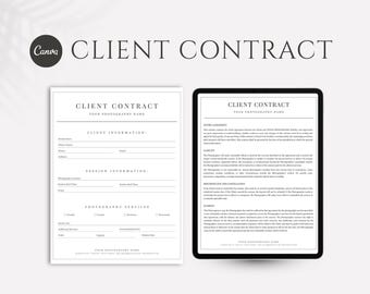 May include: A white paper document and a black tablet screen both displaying a photography client contract template. The text includes sections for client information, session details, photography services, and legal terms with the title CLIENT CONTRACT.