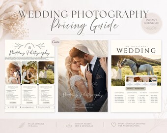 May include: A wedding photography pricing guide template featuring three pages with white backgrounds, elegant serif and script typography, and multiple photo placeholders showing a couple and a horse. The text includes Wedding Photography Pricing Guide.