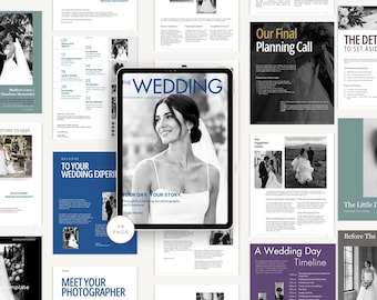 May include: A digital tablet displaying a wedding photography client guide with a cover featuring a person in a white dress and veil. The screen shows the text THE WEDDING PHOTOGRAPHY CLIENT GUIDE and 46 PAGE. Surrounding the tablet are various pages of the guide with black and white wedding photos, text, and blue, purple, and teal color accents.