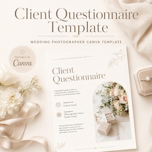 Può includere: Un modello digitale di questionario per clienti di fotografi di matrimonio, con il testo Client Questionnaire Template e Wedding Photographer Canva Template. Il documento include campi per i nomi e dettagli floreali.