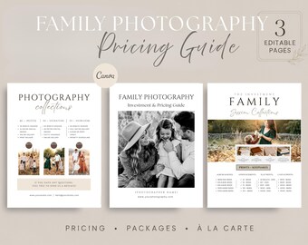 May include: A three-page editable family photography pricing guide template featuring text headers, photography collection details, and placeholders for family portraits. The design includes sections for session packages, investment information, and print options.