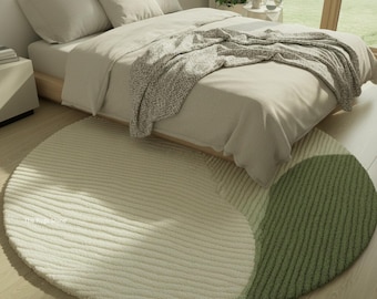 Round Minimalist Green & Cream Rug | Modern Textured Circle Carpet | Hand-Tufted Wool Area Rug for Living Room Decor