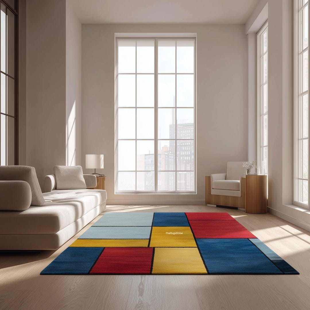 Modern Color Block Rug | Blue, Red & Yellow Geometric Carpet | Hand ...