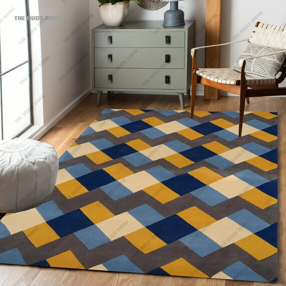 Box Geometric Tonal Blue yellow Wool Hand tufted Custom Area Rug for Bedroom Aesthetics Kitchen Living Room 5x8 8x10 9x12 Feet Carpet Etsy