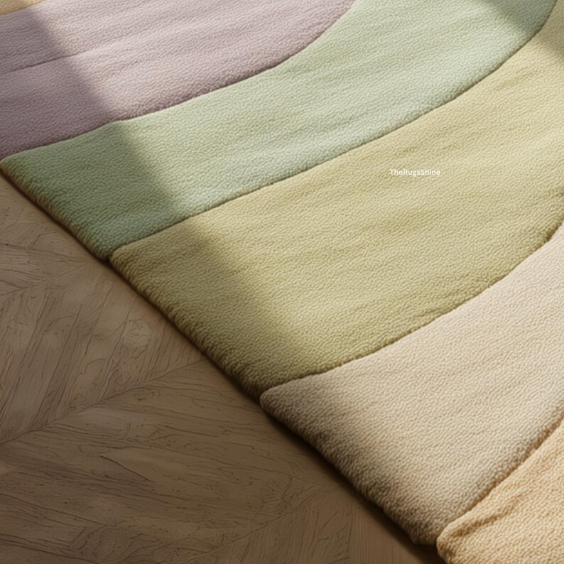 May include: A close-up of a colorful rug with a curved design. The rug features pastel shades of purple, green, and yellow. The texture of the rug is visible, and the rug is placed on a wooden floor.