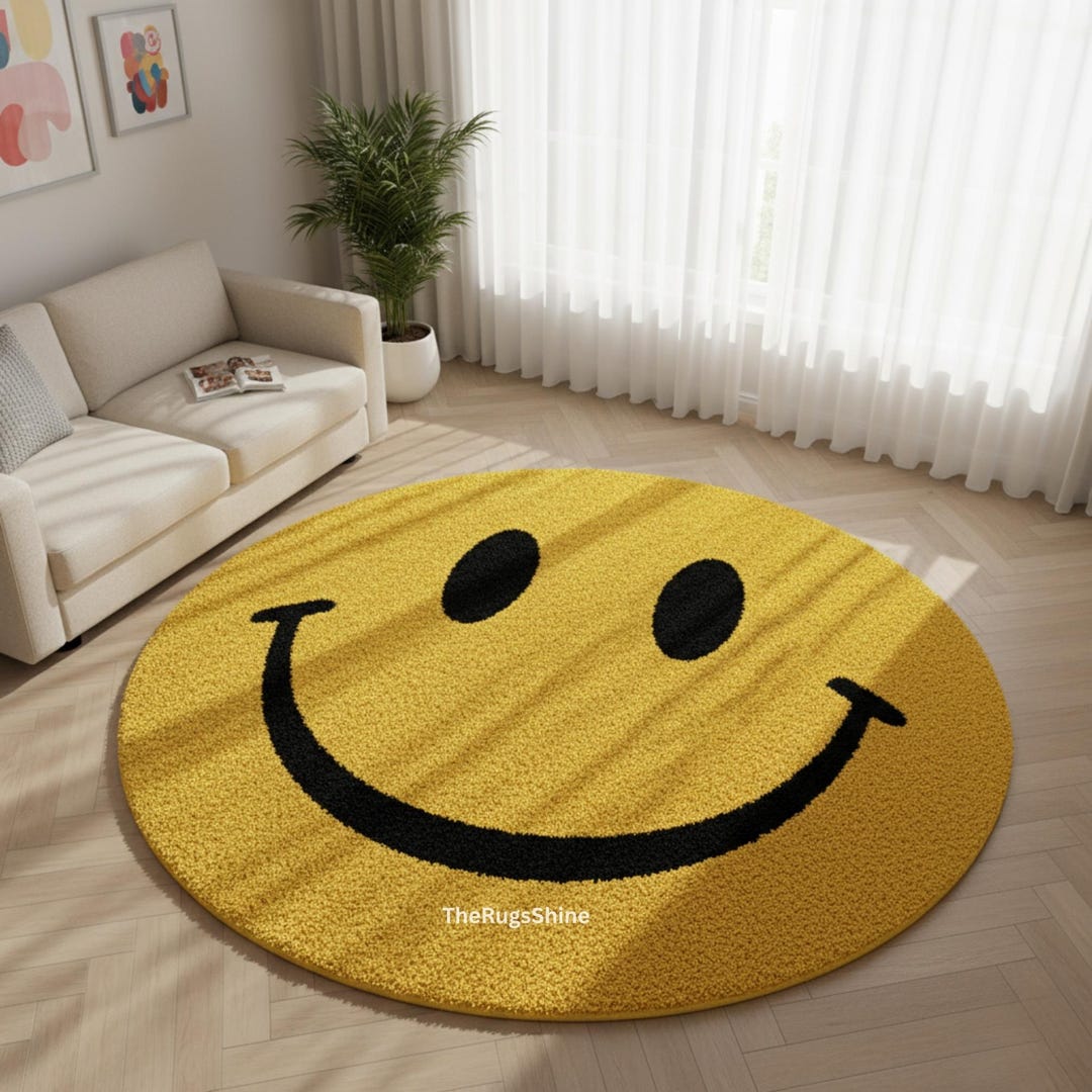 Hand-tufted Wool Smiley Face Rug: Yellow & Black Kids Decor - Etsy