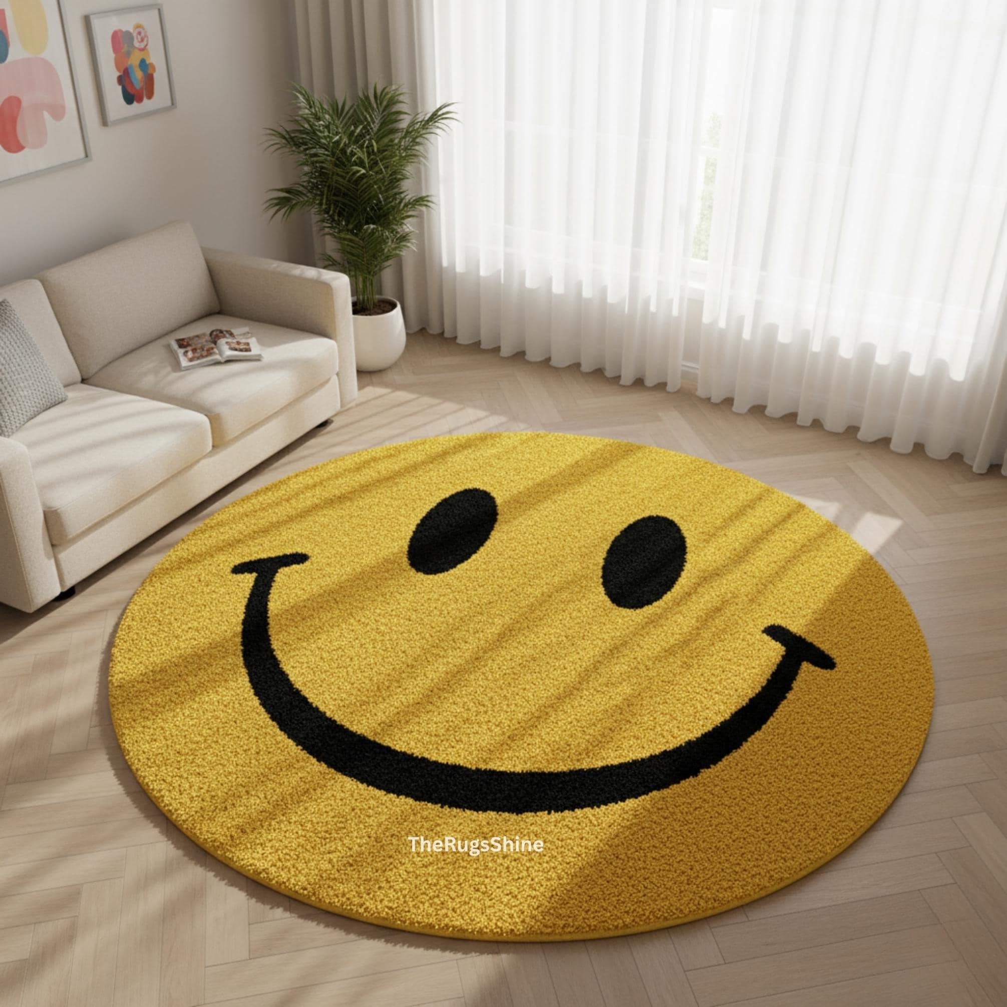 Hand-Tufted Wool Smiley Face Rug: Yellow & Black Kids Decor - Etsy
