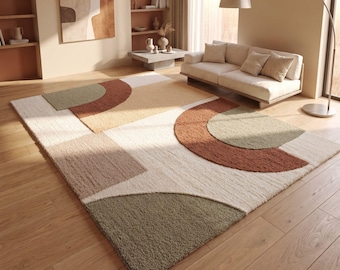 Hand Tufted Wool Area Rug | Abstract Geometric Color Block Design Terracotta, Sage Green