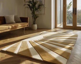 Modern Sunburst Tufted Rug | Neutral Wool Area Carpet | Sculpted Luxury Living Room Decor