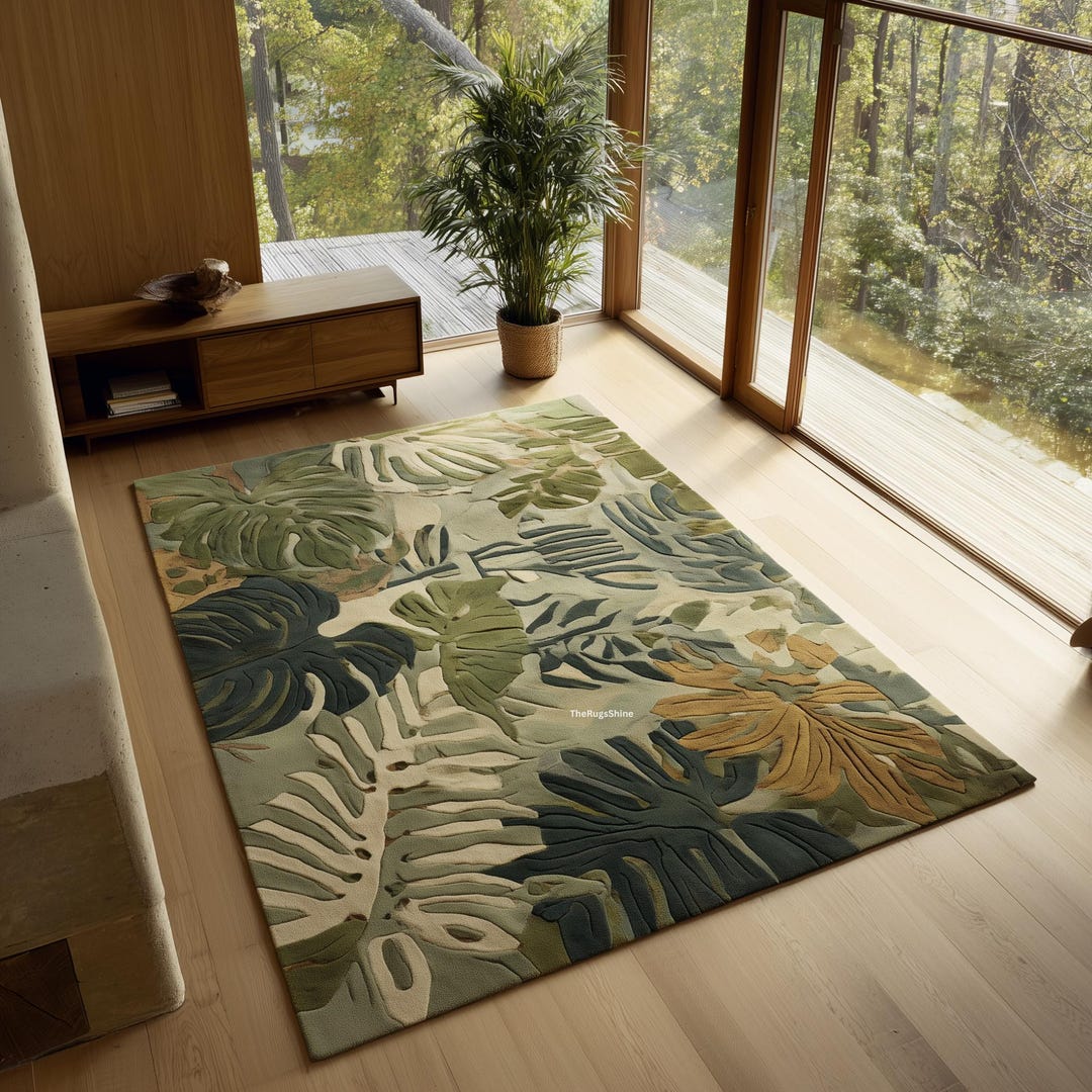 Leafy Handmade Rug Tropical Leaf Wool Rug – Hand-tufted Botanical Design in Green & Beige ...