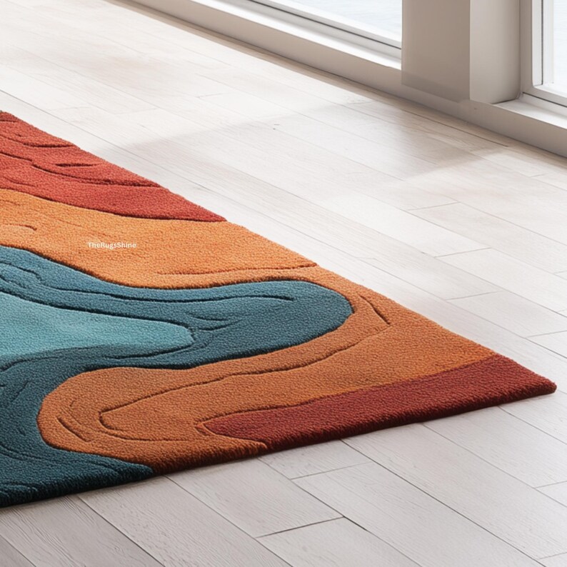 Abstract Blue, Orange, Rug | Modern Hand Tufted Wave Carpet | Artistic ...