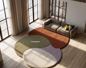 Hand Tufted Organic Rug, Abstract Wool Area Rug, Terracotta Green Cream, Modern Artistic Decor