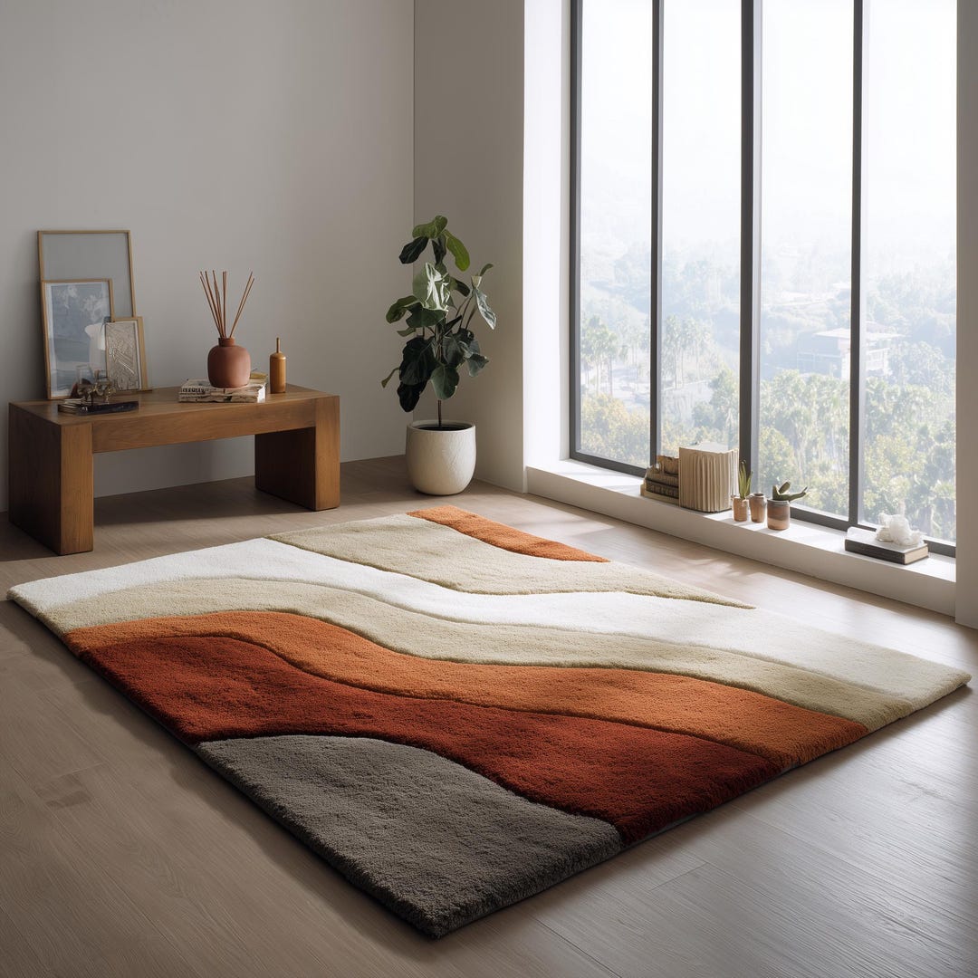 Modern Earth Tone Wool Rug | Hand Tufted Abstract Wave Design | Beige ...