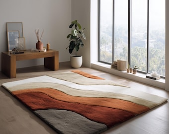 Modern Earth Tone Wool Rug | Hand Tufted Abstract Wave Design | Beige Rust Brown, Cream Rug for Living Room & Contemporary Home Decor