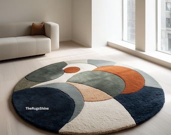 Round Abstract Rug | Hand Tufted Wool Area Rug | Modern Geometric Circle Carpet