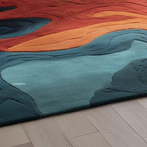 Abstract Blue, Orange, Rug | Modern Hand Tufted Wave Carpet | Artistic ...