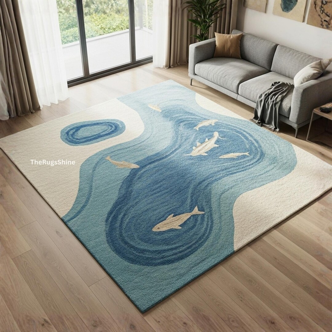 Hand Tufted Fish Rug | Ocean Themed Wool Carpet | Blue Water Art Rug ...