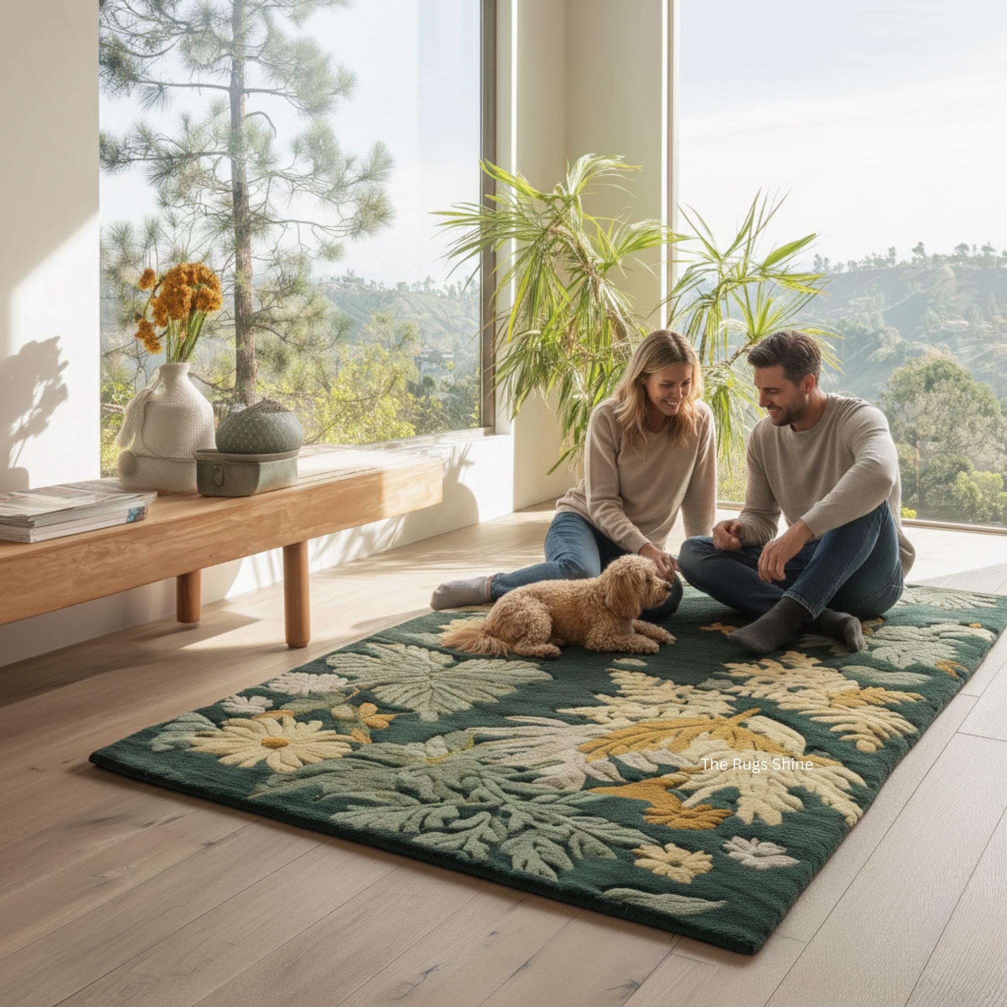 Plant Rug Hand-tufted Wool Botanical Rug | Green Floral Leaves, Nature Inspired ...