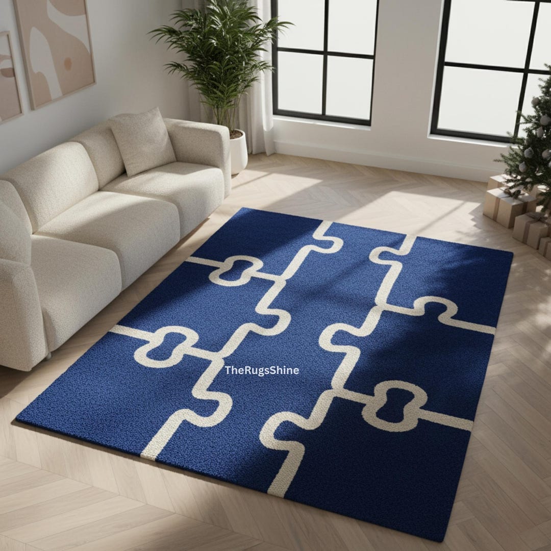 Modern Puzzle Rug Hand-tufted Wool Rug: Blue Puzzle Design, Modern Geometric Style - Etsy