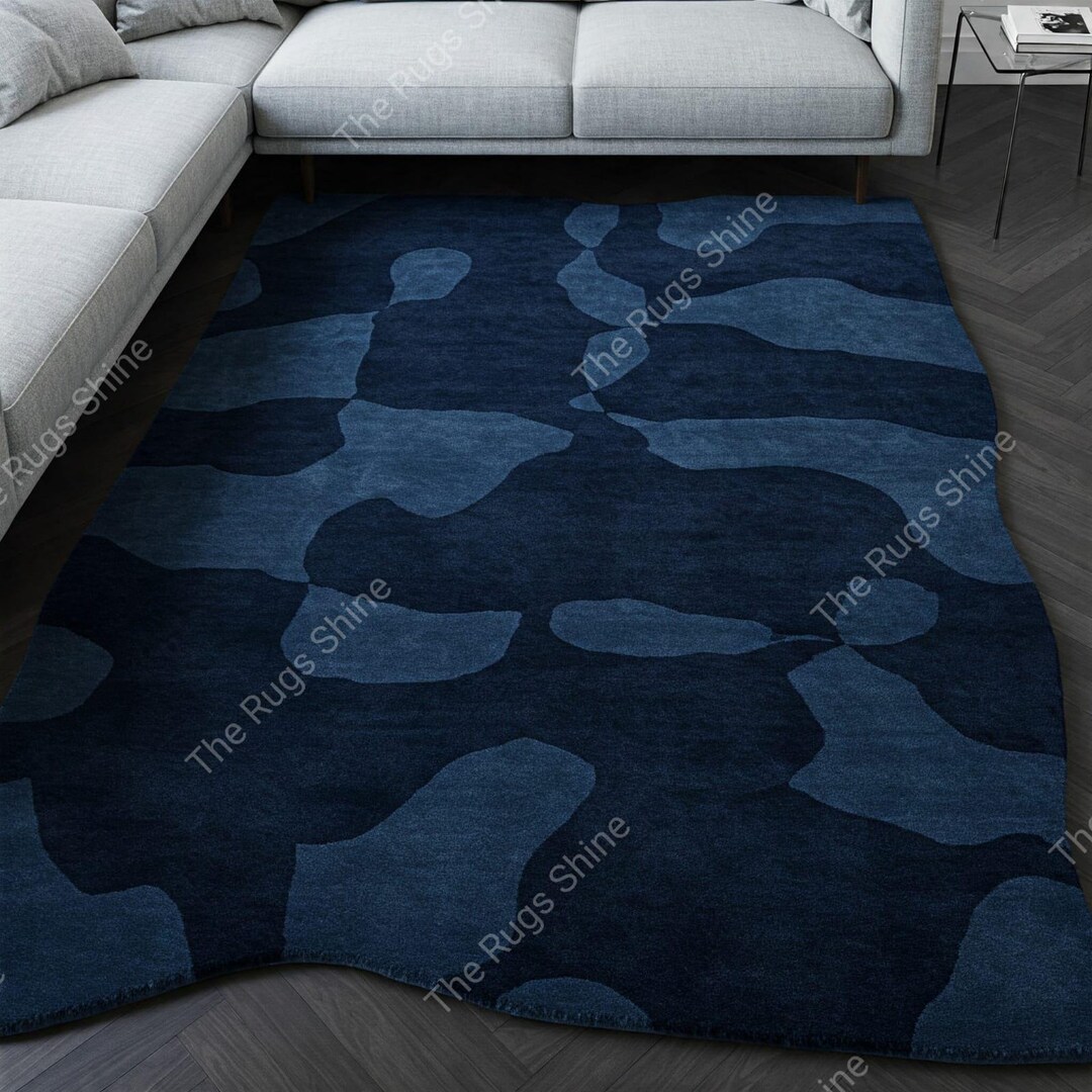 Deep Navy Blue Camouflage Hand Tufted Wool Area Rugs for Living Room ...
