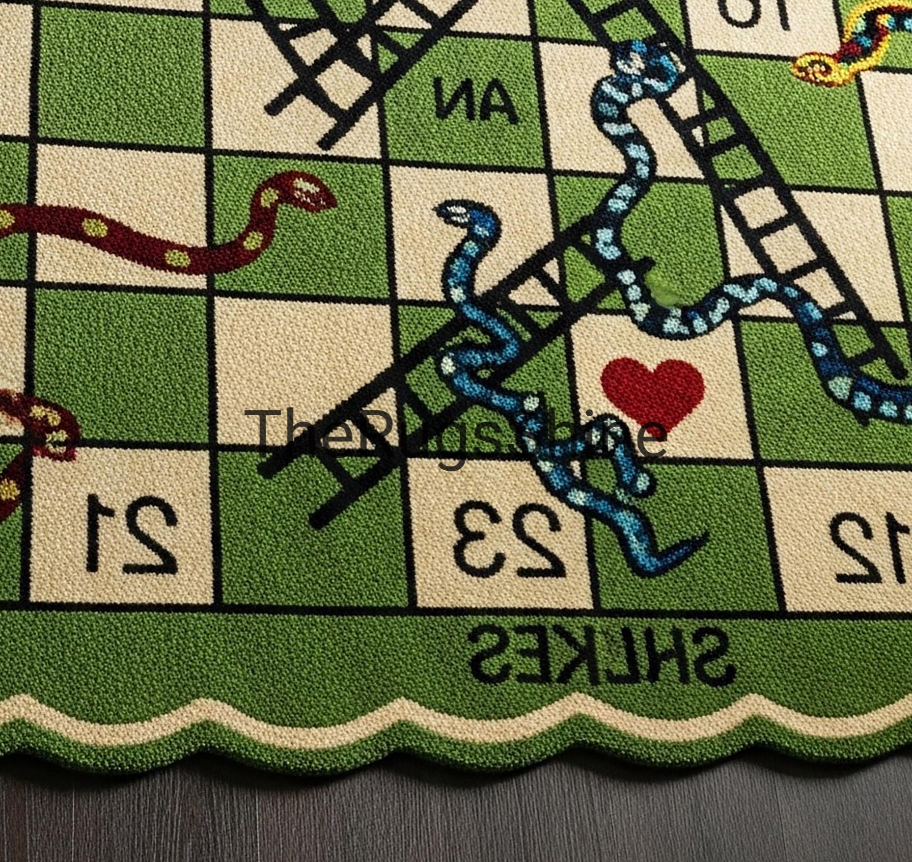 Snake Ladder Rug Green Snakes and Ladders Hand Tufted Scalloped Border Wool Rugs for ...